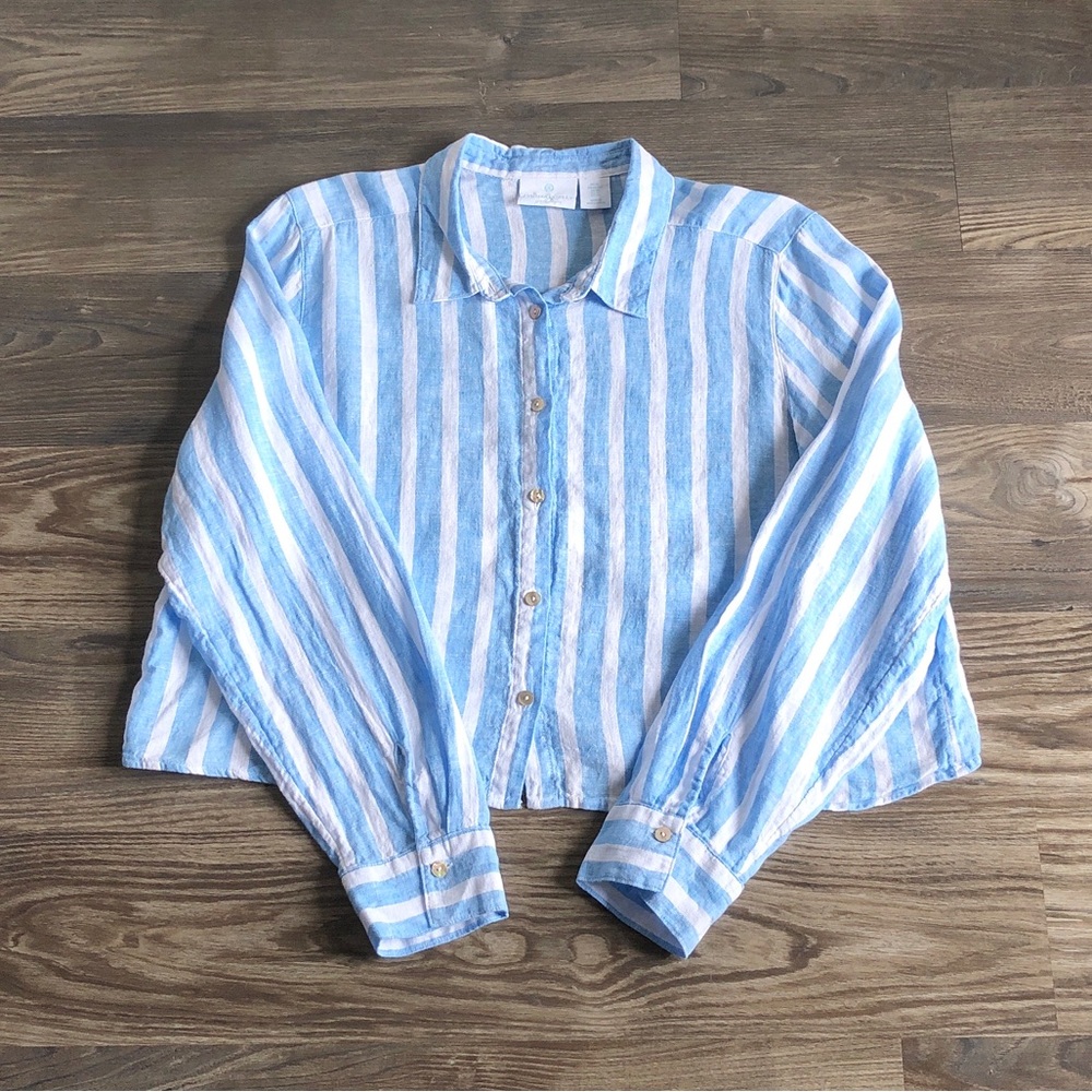 Cynthia Rowley Linen Blue Stripe Long Sleeve Shirt Button Front Boxy